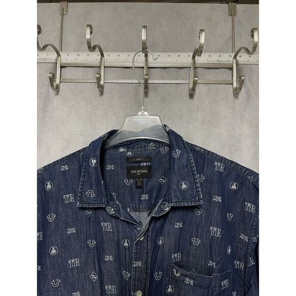 True Religion Shirt Men 3XL Slim Linen Blend Chambray AOP Logo Button Up Mono‎ - Picture 1 of 10